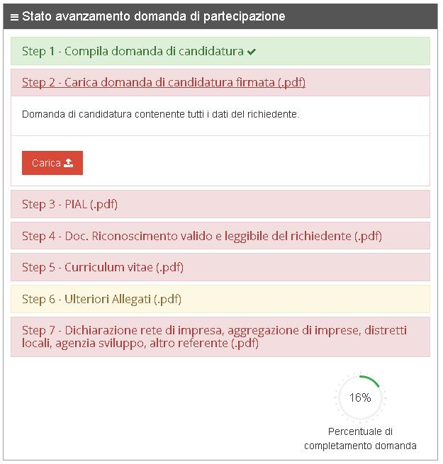 9 - Step 2 Pulsante per caricare la domanda Il Candidato, vedrà un apposita pagina della piattaforma, in cui potrà selezionare il documento in formato pdf cliccando