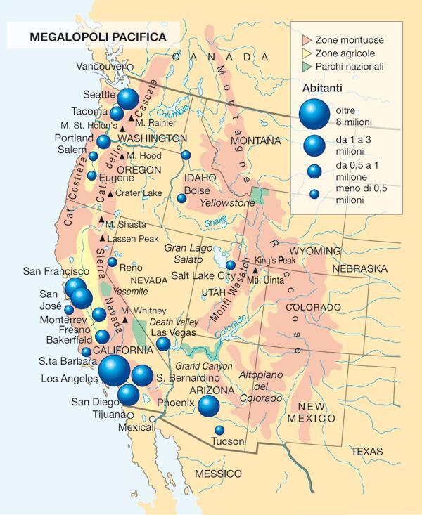 La conurbazione del Pacifico si allunga per oltre 800 km sulla costa dell Oceano Pacifico, in California, da San