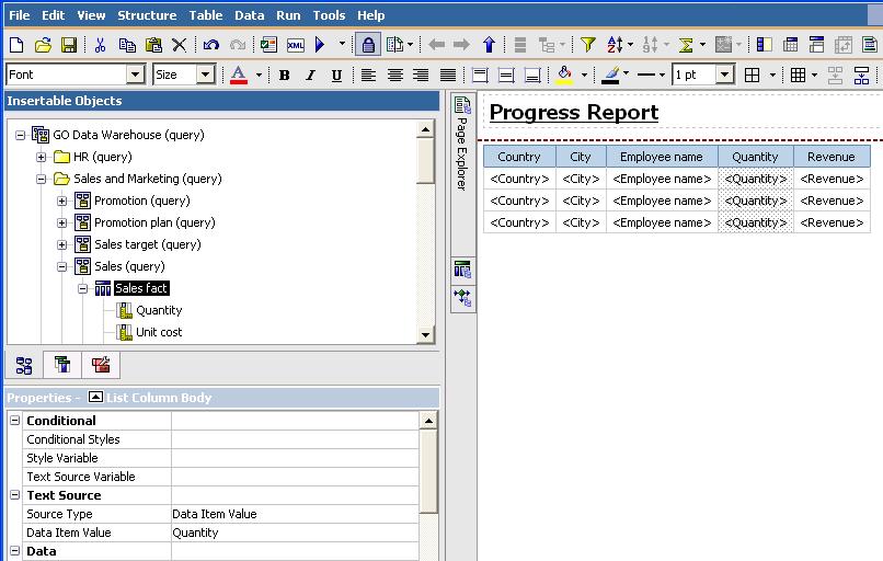 Report Studio ambiente Si utilizzano i toolbar, pannelli e l'area di lavoro (work area) per creare e