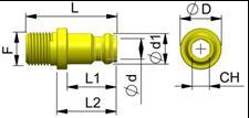 MASCHI PROFILO STANDARD COMPATIBILE - MATERIALE : OTTONE PROFILO STANDARD 6 PROFILO STANDARD 9 Innesti con filetto maschio SERIE MODEL F D d1 L L1 L2 d CH EURO 6 6 6 9 9 9 TI6M- 1/8-O TI6M-10- O
