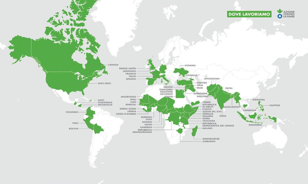 Azione Contro la Fame Nel 2016: 14,7 MILIONI DI PERSONE AIUTATE 50 PAESI DEL MONDO 487 PROGETTI INTERVENTI CONCRETI Nel 2016 l 84,5% delle risorse è stato destinato ai programi sul campo.