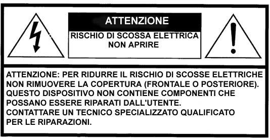 AVVISI E PRECAUZIONI AVVISO PER RIDURRE IL RISCHIO DI INCENDIO O DI SCOSSE ELETTRICHE, NON ESPORRE QUESTO DISPOSITIVO A PIOGGIA O UMIDITÀ.