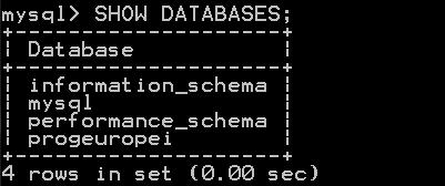 Creazione e cancellazione di una base di dati 2\2 Creiamo un database denominato Prog_Europei utilizzando il client MySQL.