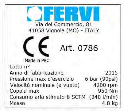 2.1 Specifiche tecniche Attacco rapido (quadro) 3/4 Pressione di esercizio (bar / psi) 6 / 90 Coppia di serraggio (Nm) 950 Consumo di aria (SCFM / l/min) 8 / 240 Regime di rotazione (rpm) 4200 Peso a