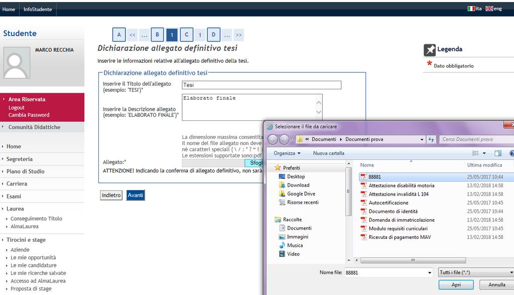 Processo di completamento tesi Inserimento del file finale della tesi in formato pdf Clicca