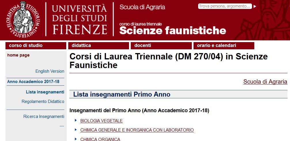 DIDATTICA E PIANO DI STUDIO CORSI CFU 1 Anno Matematica e laboratorio Chimica generale e inorganica Morfologia e fisiologia della fauna Biologia vegetale Zoologia generale Chimica organica Lingua