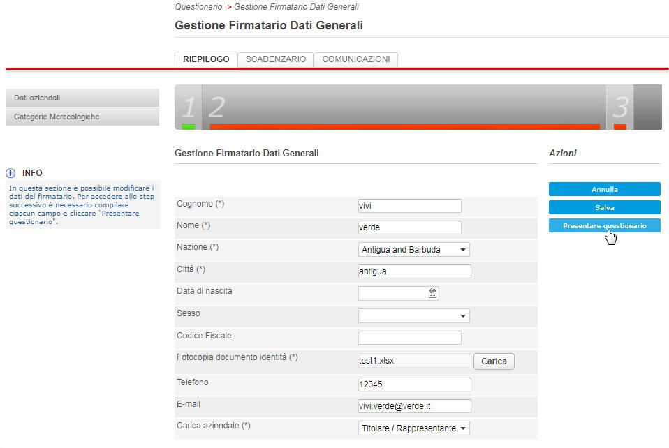 Dopo aver cliccato su Prossimo Step, si accede alla pagina di gestione dei dati del firmatario del questionario generale.