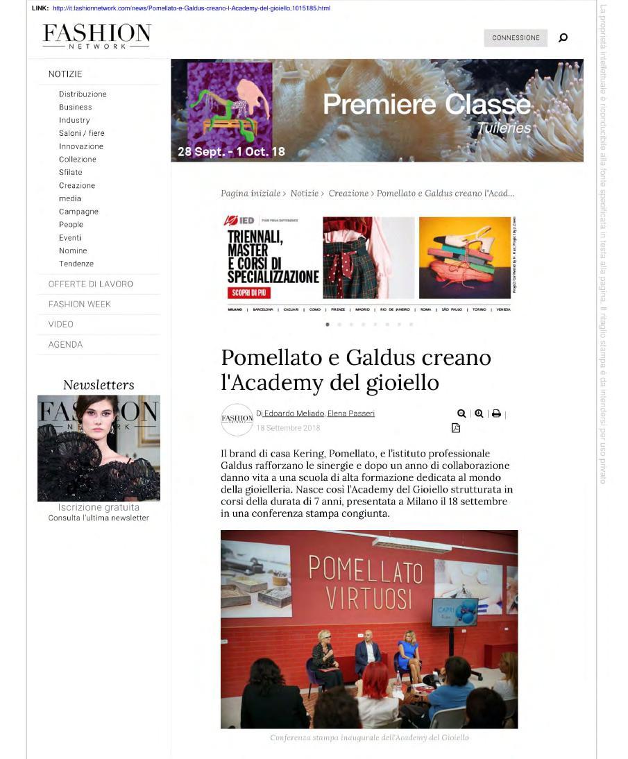 FASHION NETWORK 18/09/2018 Il brand di casa Kering, Pomellato, e la scuola professionale Galdus rafforzano le