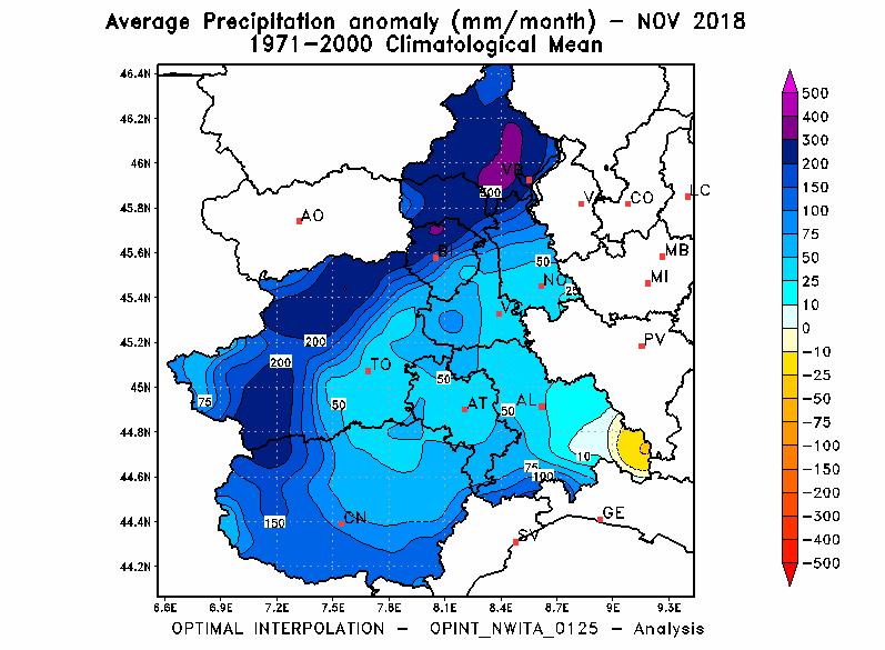 Figura 11 Anomalia della precipitazione nel mese di novembre 2018 rispetto alla media del periodo 1971-2000.