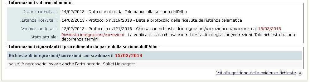 AGEST Telematico Richiesta Integrazione Evidenze da parte della Sezione L impresa può