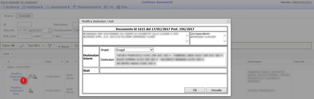E possibile assegnare i destinatari e gli stati cliccando il bottone Destinatari / stati (1): Libro firma E possibile assegnare un documento su libro firma cliccando