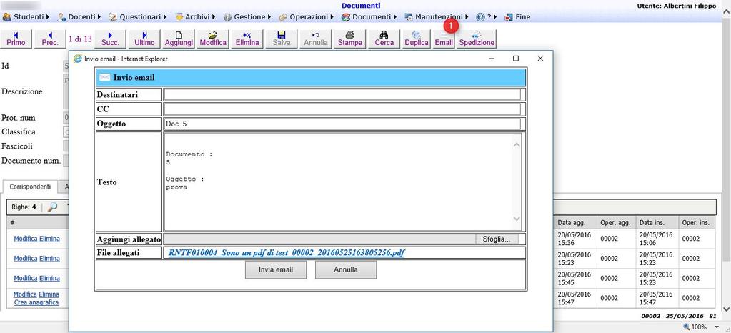 Invio documento per email Premendo il bottone Email (1) si apre il popup per l invio del documento per