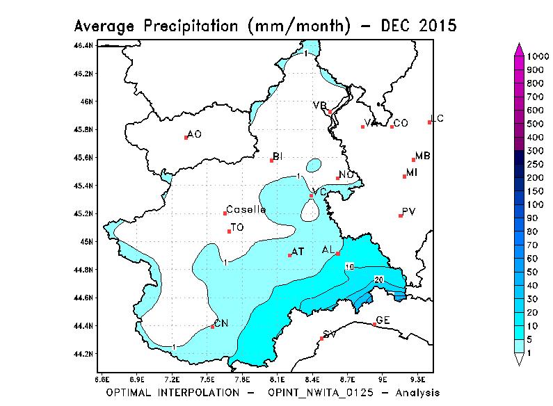 Precipitazioni In Piemonte nel mese di Dicembre 2015 le precipitazioni sono state molto scarse, appena 3 mm medi, con un deficit pluviometrico di 51.