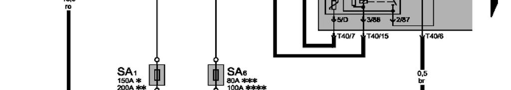 alimentazione elettrica del morsetto 15 J689 - Relè 2 di alimentazione elettrica del morsetto 30 SA1 SA6 T40 1 14 - Fusibile 1 nel portafusibili A - Fusibile 6 nel portafusibili A - Connettore a 40