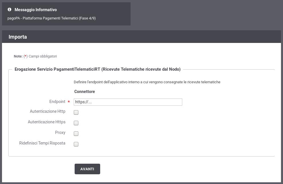 Figura 6: Fase 4/9: Dati per la ricezione delle Ricevute Telematiche 2.