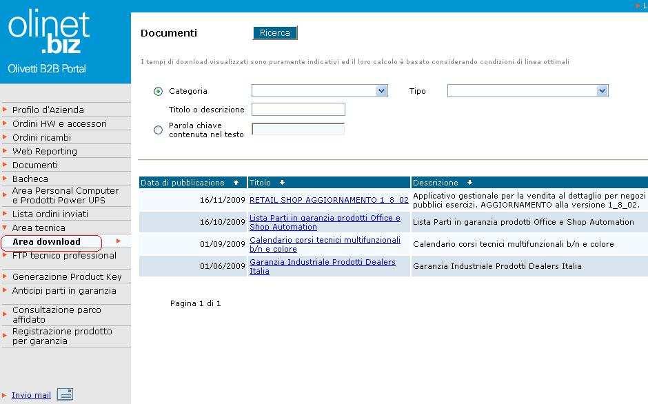 AREA TECNICA Permette l accesso alla documentazione tecnica ( Catalogo ricambi,