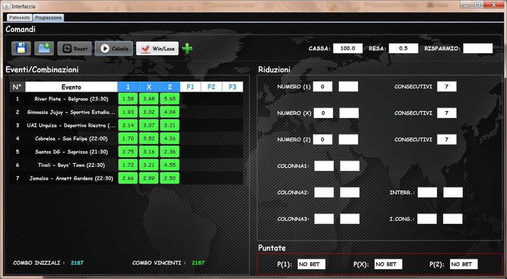 PANNELLO PROGRESSIONE 1 A questo punto il sistema di triple è privo di condizioni e calcola la totalità delle combinazioni possibili degli n eventi inseriti in precedenza!