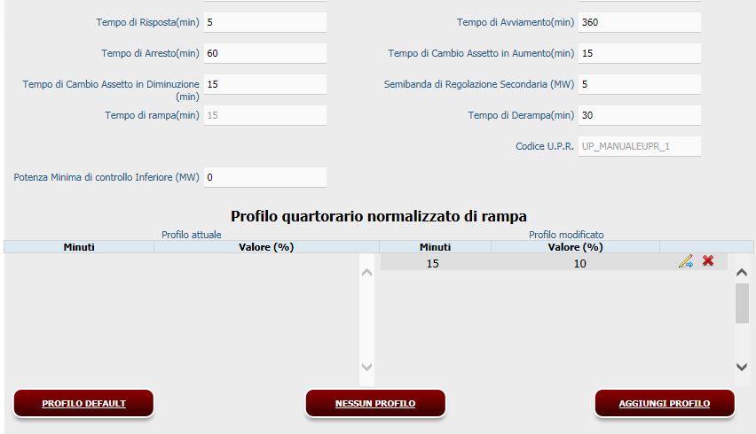 Pag. 24 Figura 15 Esempio di inserimento di nuovo profilo ex-novo Man mano che vengono inseriti i valori dei profili, in automatico si valorizza e si aggiorna il Tempo di rampa, fino a raggiungere