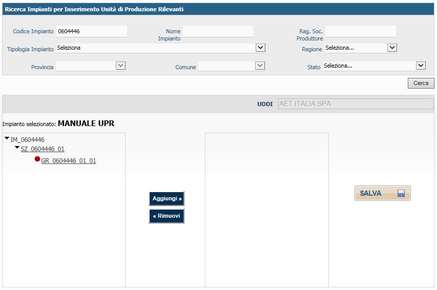 Pag. 8 Figura 5 Impianto selezionato per inserimento UPR Il Produttore decide quali e quanti gruppi andranno a costituire la nuova UPR, selezionando la sezione di cui fanno parte i gruppi scelti.