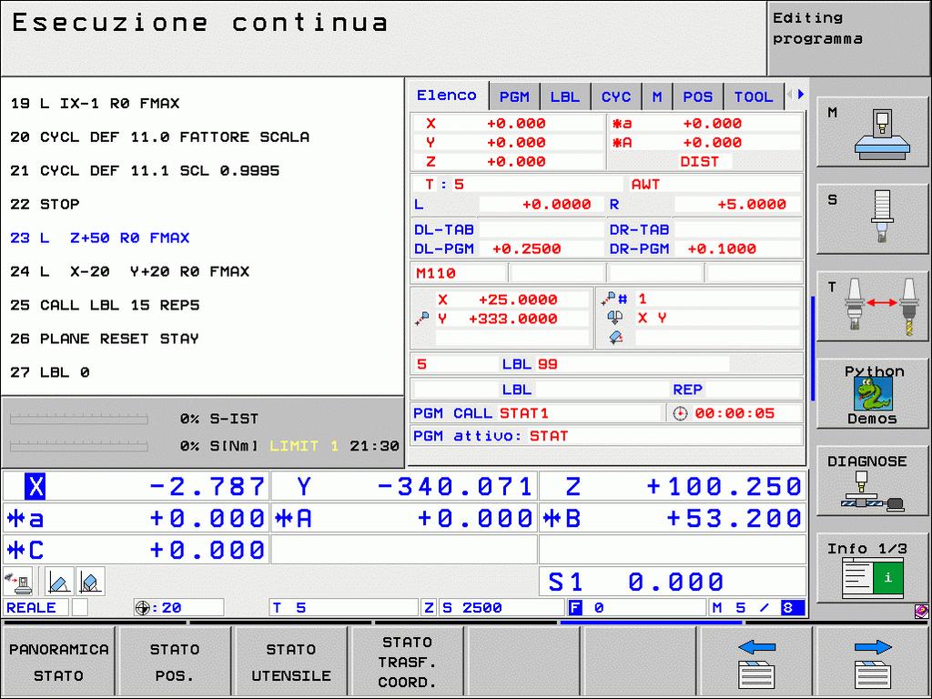 Visualizzazioni di stato Selezionare la ripartizione dello schermo PROGRAMMA+STATO oppure POSIZIONE+STATO!