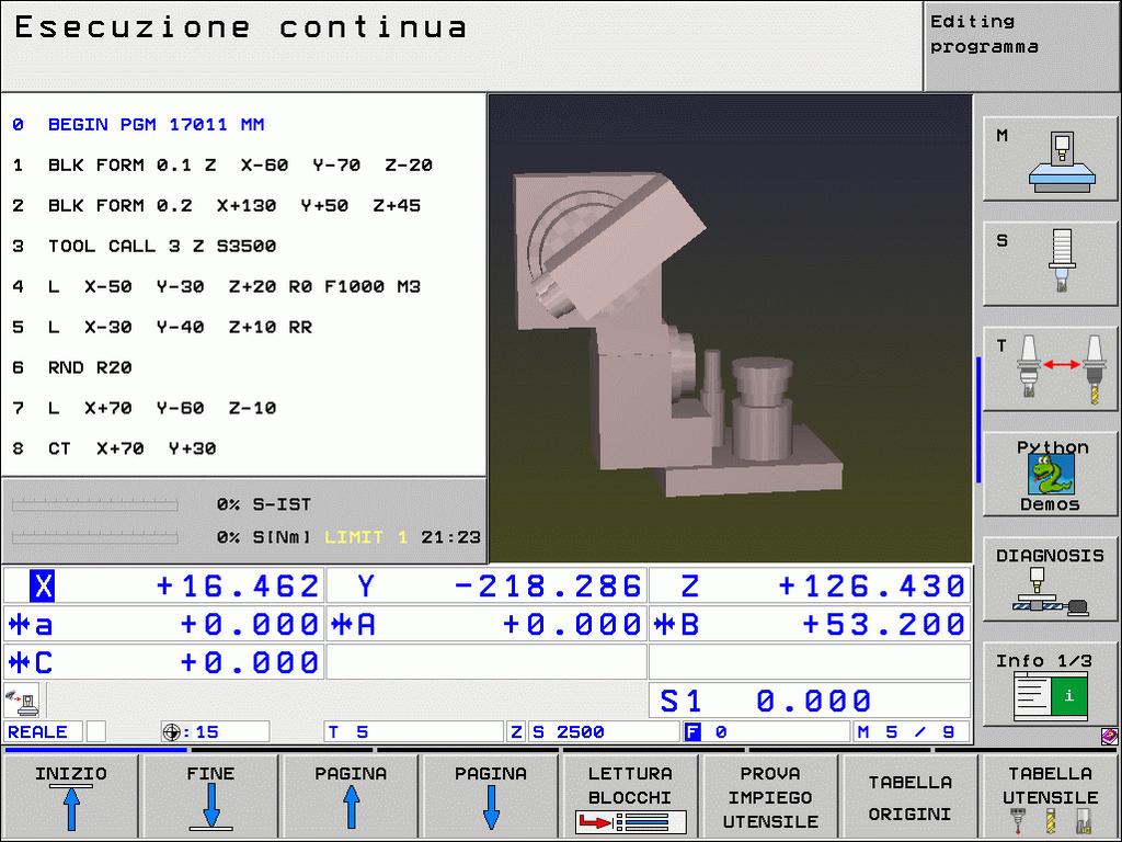 Modo operativo Esecuzione continua Esecuzione singola Test programma Contenuto dello schermo Programma Programma a sinistra, struttura del programma a destra Programma a sinistra, stato a destra