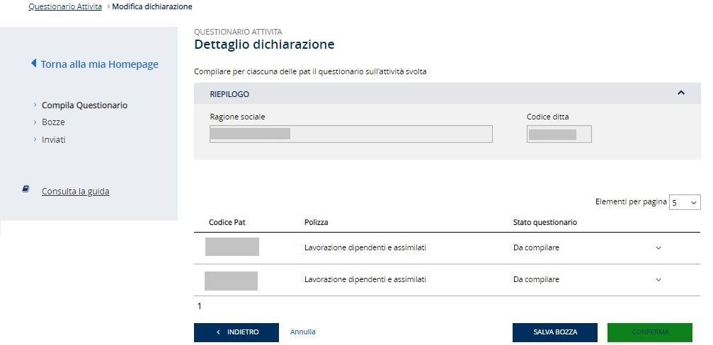 1 Elenco bozze Tramite i parametri di filtro, Ragione sociale o codice ditta e Anno, sarà possibile individuare uno specifico questionario in