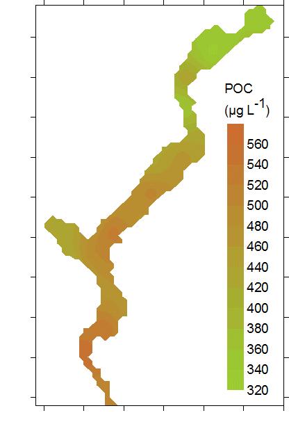 Fig. 6.6.3. Eterogeneità spaziale media (estati dal 2008 al 2012) del Seston, del TOC, del POC e dei popolamenti batterici nello strato 0-20 m del Lago Maggiore.