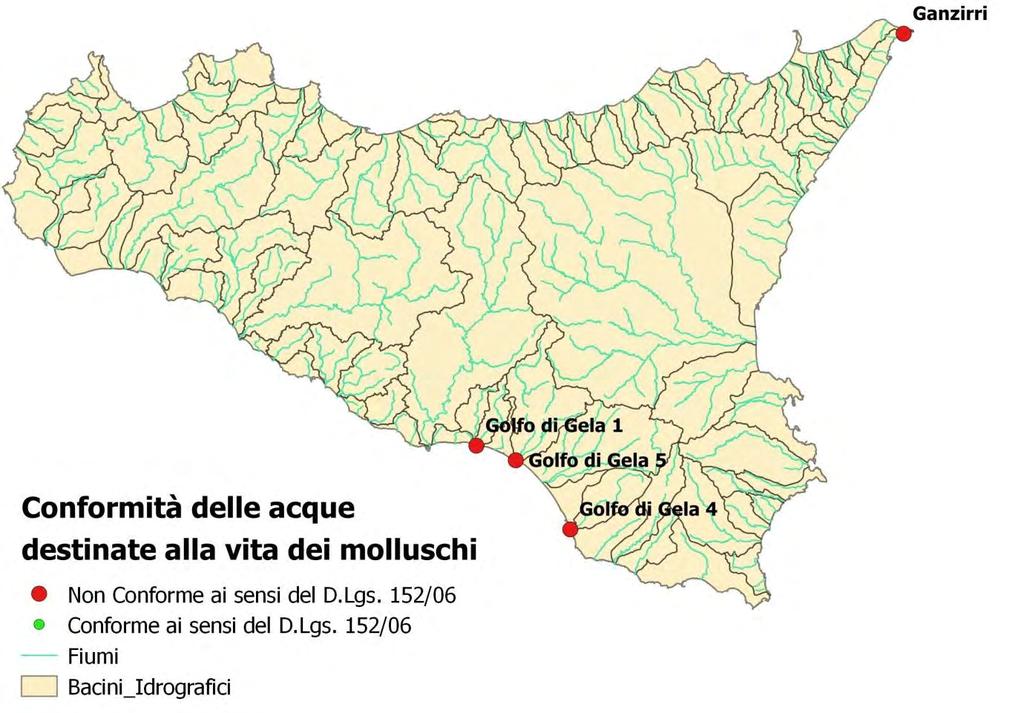 3.VALUTAZIONE DI CONFORMITA DATI Nella figura 13 sono riportate le stazioni monitorate e le conformità ai valori della tabella 1/C nel. Figura 3 -Acque idonee alla vita dei molluschi.