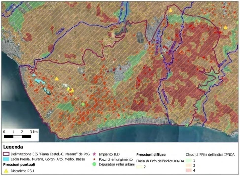 Figura 1 Localizzazione del corpo idrico sotterraneo della Piana di Castelvetrano- Campobello di Mazara e dei laghi Preola, Murana e Gorghi Tondi ed ubicazione delle fonti di pressione puntuali e