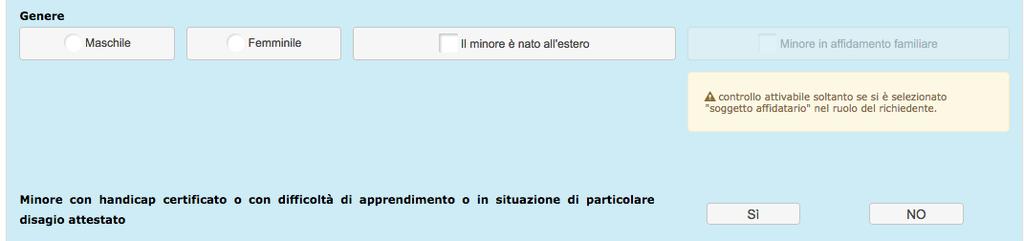 In questa fase di inserimento dei dati del minore, sarà necessario indicare se per il minore si richiede il P.E.S.