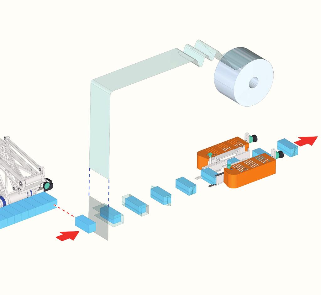 The product is positioned in a single or double lane infeed conveyor and is moved to the hopper by the Robocombi