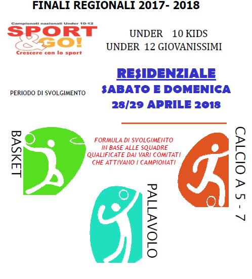 FINALI REGIONALI SPORT DI SQUADRA: PROGETTO SPORT & GO under 12 e 10 (calcio a 5 calcio a 7 basket pallavolo) I campionati territoriali dovranno concludersi entro il 15 aprile 2018 la 1^e 2^ squadra