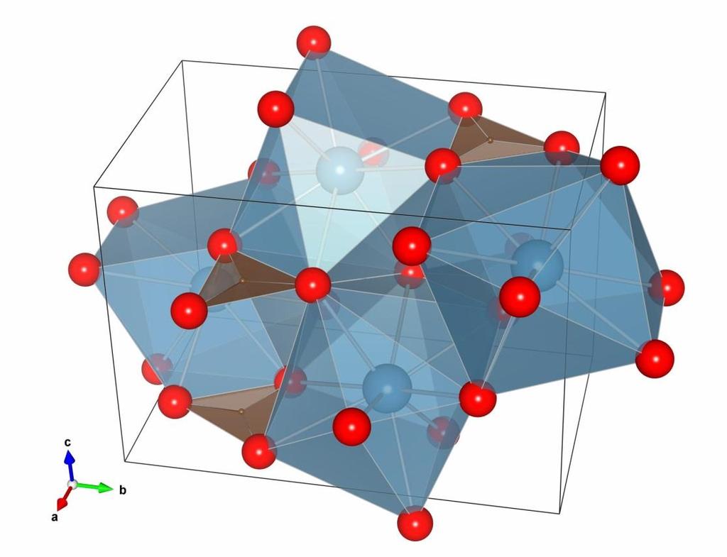 Nelle figure Ca è rappresentato dalle sfere azzurre, l'ossigeno dalle sfere rosse (non in scala), C nei gruppi triangolari marrone.