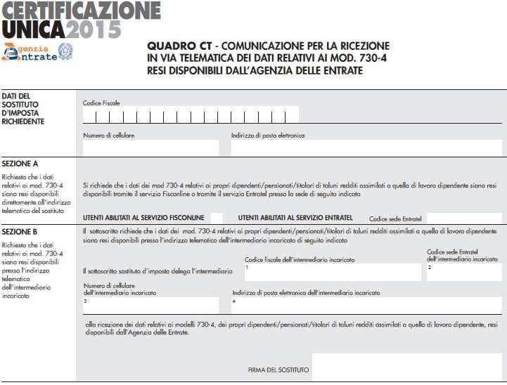 STRUTTURA DEL MODELLO Quadro CT: informazioni riguardanti la ricezione telematica dei dati relativi al modello 730-4 resi disponibili dall Agenzia.