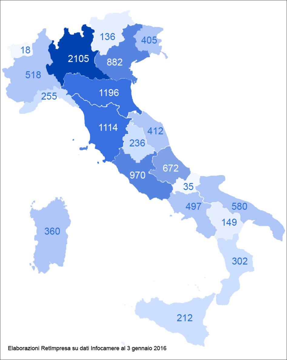 Campania 497 Marche 412 Friuli Venezia Giulia 405 Sardegna 360 Calabria 302 Liguria 255 Umbria 236 Sicilia 212