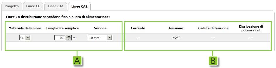 4 Interfaccia utente SMA Solar Technology AG Posizione Significato B Scheda "Linee CA2": In quest'area vengono calcolate automaticamente per la linea CA1 la tensione, la caduta di tensione e la