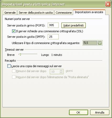 Selezionare infine per il Server della posta in uscita il tipo di connessione crittografata TLS: NOTA: Nel caso di utilizzo di POP3, è possibile richiedere di conservare una copia dei messaggi