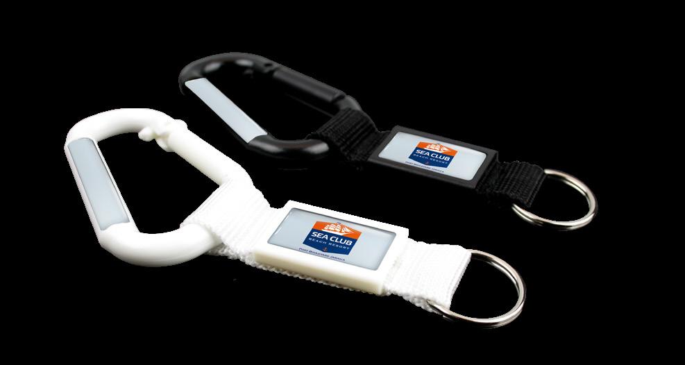 KEYRING CARABINER bianco e nero Misure Prodotto: 150 x 46 x 8 mm Area personalizzabile: 28,3 x 16,2 mm / 50,4 x 7,1 mm KEYRING STRAP blu,