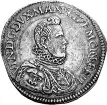 corso del 1588 di doppie da due 138 in oro e ducatoni 139 in argento (fig. 20). 20 fig. 20 - I nominali monferrini di grosso modulo. Casale Monferrato, Vincenzo I Gonzaga (1587-1612), ducatone 1588.