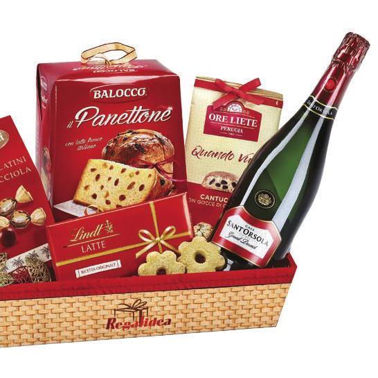 75 cl 1 Cioccolatini alla nocciola Vergani - 75 g 1 Vassoio in cartone serigrafato midollino 1 Panettone classico Balocco - 500 g 1