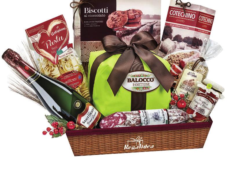 75% Baratti & Milano - 75 g 1 Croccantino ricoperto di cioccolato Giglio - 100 g 1 Scatola torcetti al miele Vanoir - 100 g Vassoio in cartone serigrafato midollino 1 Panettone Balocco incartato a