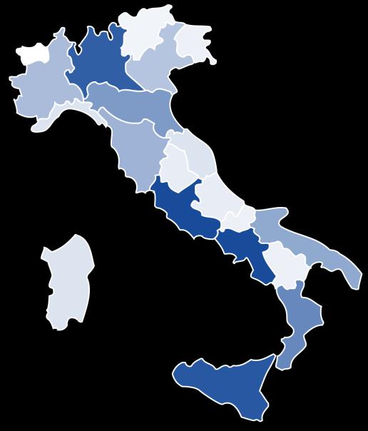 Imprese sequestrate e «operative» distribuzione geografica ITALIA Stato Regione Totale Imprese % ITALIA ABRUZZO 33 1,31% BASILICATA 17 0,68% CALABRIA 151 6,00% CAMPANIA 409 16,26% EMILIA ROMAGNA 111