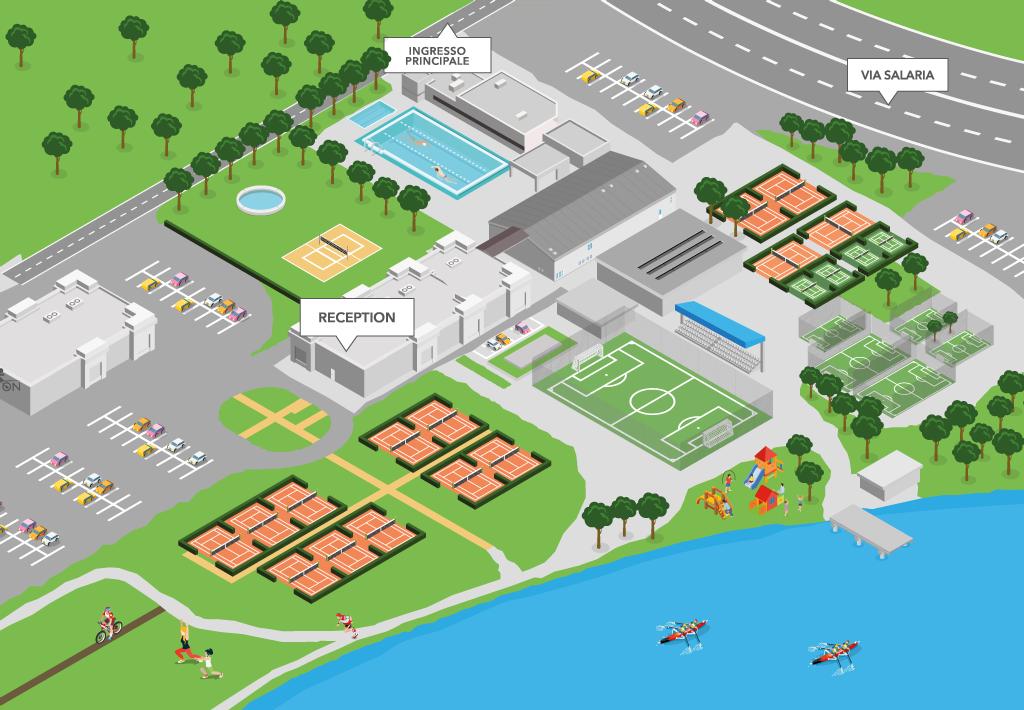 MAP I 14 campi da tennis in terra battuta, consentono agli appassionati di tutte le età di praticare il loro sport preferito con la costante supervisione di istruttori e maestri della Federazione