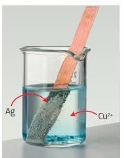 Nel tempo si osserva la formazione di un solido grigio (Ag) e la comparsa di una colorazione azzurra dovuta alla formazione di ioni rameici (Cu 2+ ).