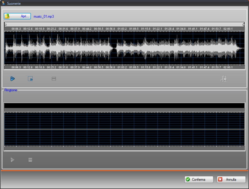 Il file audio viene caricato ed è visibile nel visore superiore. A B C D A. Riproduci file audio. B. Ferma file audio.