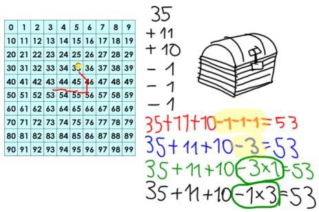 Alexandra: Da 35+11 devo fare la freccia che va da 35 a 46, cioè in basso a destra, poi +10 vado da 46 a 56, cioè in basso, poi -1 vado da 56 a 55, cioè faccio un passo a sinistra, poi di nuovo -1 e