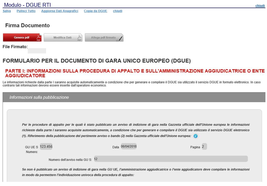 2 Compilazione del DGUE ricevuto dalla Mandataria Per procedere alla compilazione del DGUE, cliccare sull omonimo comando Compila DGUE in fondo alla