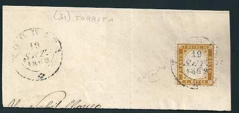 10 cent. dentellato su frammento annullato TORRITA 19 SET. 1862 (1f). 20 cent. dentellato usato (2).