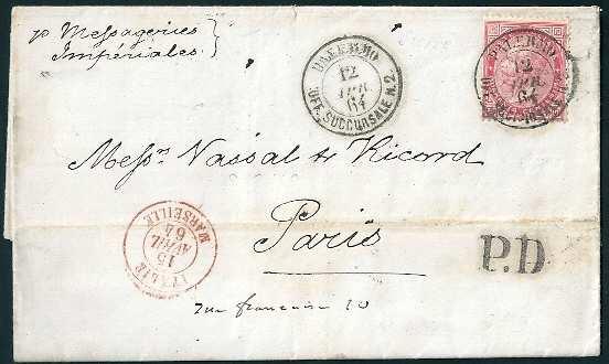 Da Palermo a Parigi 12 aprile 1864, tariffa 1 porto per la Francia fino a destino. Cent.40 (L20). Da Teggiano a Napoli 17 giugno 1864, tariffa 2 porto interno. Cent. 15 