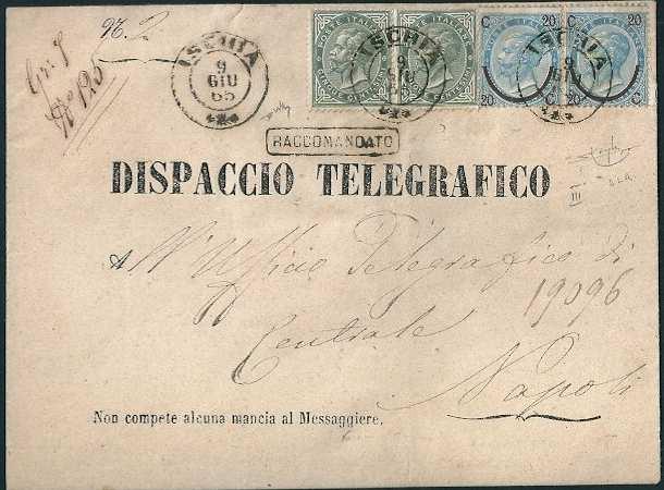 e stampe periodiche per ogni porto di 40 gr. 1 cent. Da Ischia a Napoli 9 giugno 1865, dispaccio telegrafico tariffa 1 porto per l interno raccamandato.